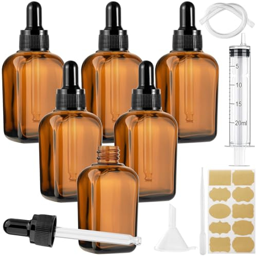 Annickee 6 Stück Pipettenflasche, 50ml Tropfflasche Braunglas mit 5 Hilfszubehör, Braunglasflasche, Apothekerflaschen mit Pipette, für Ätherische Öle, Flüssigfarbstoffen, Parfümöle, Aromatherapie