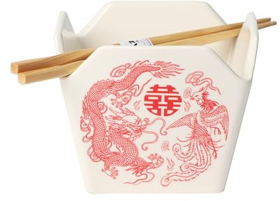 Urban Tokyo Chinese Takeout Box Style Porcelain Bowl With Chopsticks 18 fl oz Square Shape Rice Noodles Pasta To Go Box Shaped Bowl Microwave Dishwasher Safe (Phoenix & Dragon)