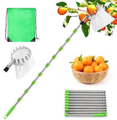 Edencomer Apple Picker with 4.2M Long Telescopic Handle, 10 Sections Fruit Picker Tool with Fabric Bag Holder and Drawstring Storage Bag, Fruit Grabber for Picking Fruits from High Places