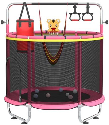 Pelnuies Trampoline de 152,4 cm pour enfants avec filet de sécurité, trampoline intérieur et extérieur de 200 kg avec balançoire, barre de gym réglable et panier de basket-ball, jeu amusant et actif