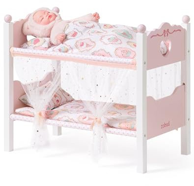 ROBUD Wooden Doll Bunk Bed, 2-in-1 Convertible doll cot with Bedding, Canopy Curtains & Heart Headboard, Baby Crib for 18 Inch, Doll Accessories Gift for Kids Age 10M+, Pink