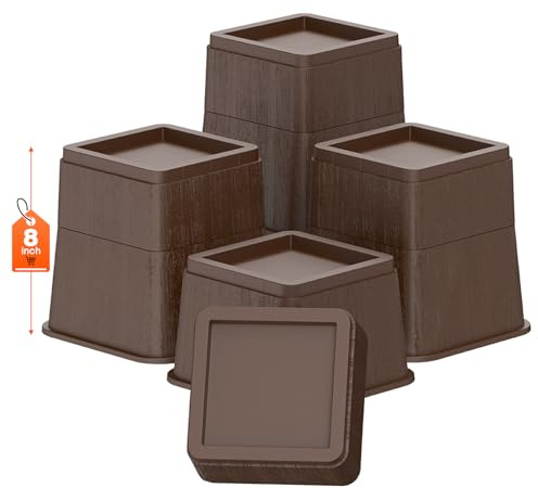 MYMULIKE Adjustable Bed Risers,Elevation in 3, 5 or 8 Inch Heavy Duty Risers,Oversized Fit Up to 5.5 Legs, Stackable Bed Raising Blocks for Couches, Tables, Desks (Brown, 8 inch-4 Pack)