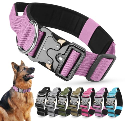 Ledeak taktisk hundkrage, vadderad justerbar polypropylen mjuka hundhalsband, slitstark andningsbar stark träning hundhalsband med handtag och kraftigt metallspänne (lila, L)