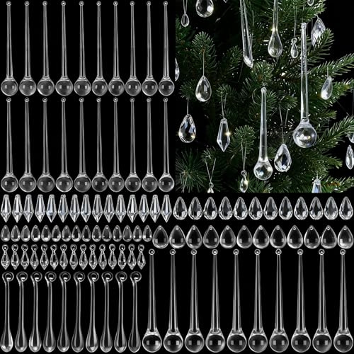 Amyhill 115 Pcs Christmas Tree Ornaments Clear Acrylic Hanging Icicle Teardrop Ornaments 9 Styles Crystal Christmas Chandelier Pendant Hanging Decor for Centerpieces Chandelier Wedding Winter Decor