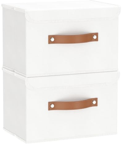 OUTBROS Fabric Storage Boxes with lids, Bins 33x23x20 cm (White, 2-Pack) | Foldable Storage Organiser Boxes, Storage Basket Bins with Handles, Clothes Organiser, Non-Woven Fabric