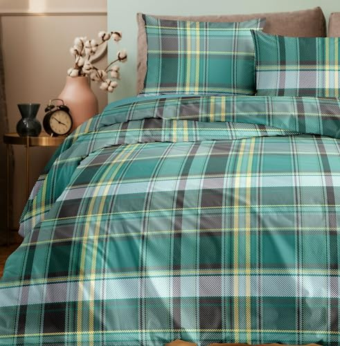 Ruggeri - Completo Letto - 100% Morbida Flanella di Alta Qualità | 2 Federe + 1 Lenzuolo con Angoli + 1 Lenzuolo Sopra | Lenzuola Calde Invernali - Collezione Everyday (Quadri Verdi)