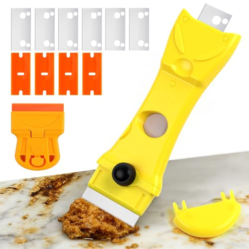 3 in 1Stainless Steel Scraper Tool with 4 Replaceable Blades Plastic Scraper with 4 Extra Blades for Window Oven Glass Paint Cleaning Multi Purpose Scraper Kit Non Scratch Home Cleaning Tool
