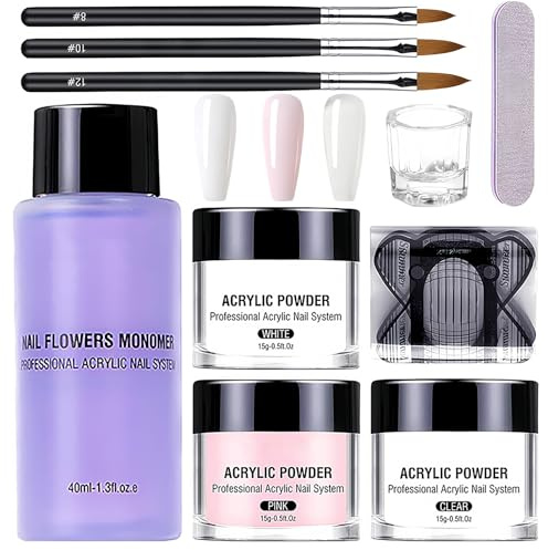 Acrylic Nail Kit with 3 Colors Acrylic Powder, Nail Art Brush, Forms & Glass Cup - Professional Nails Extension Kit for Beginners, Quick Gel Extensions