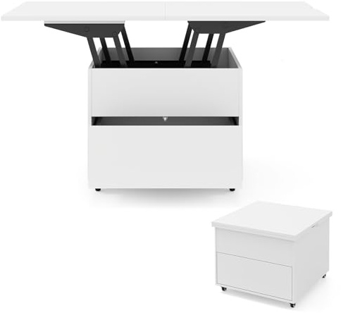 LIFEZEAL Table Basse Relevable 3 en 1 à Hauteur Réglable, Table Relevable avec Tiroir à Pression, Compartiment de Rangement Secret et Poignées Découpées, Table Multifonction Moderne pour Salon (Blanc)