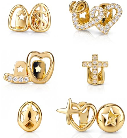 Mikovivi 6pcs Gold Grills Set, Rhinestone Teeth Jewelry Gold Plating Heart Star Cross Dental Caps for Top & Bottom for Women Men Fashion Gift Halloween Party
