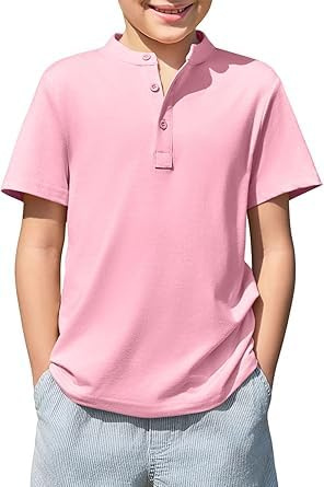 Haloumoning T-Shirt Henley da Ragazzo a Maniche Corte | Scollo rotondo con abbottonatura, tinta unita, leggera, per l'estate, stile casual basic