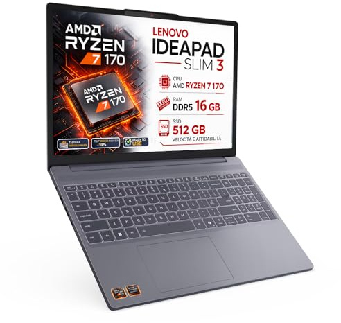 Lenovo Notebook Ryzen 7 170,8 Core 15,3 WUXGA FHD+, Gar. Italia, 1,59Kg | Ram DDR5 16GB, SSD PCIe NVMe 512GB, Display IPS, Wi-Fi 6, Tastiera qwerty retroilluminata, Include alimentatore, Ready To Use