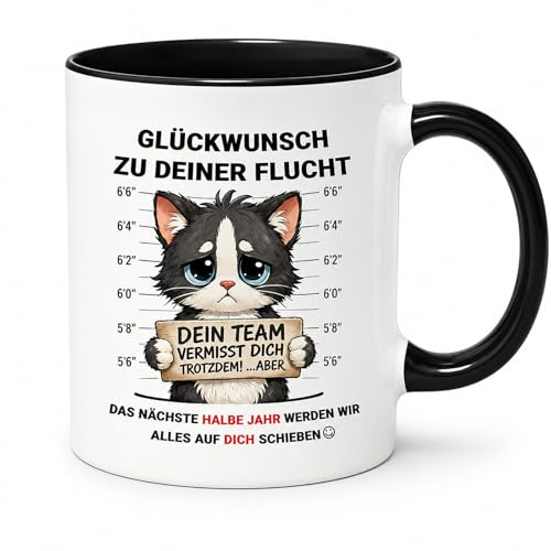 Abschiedsgeschenk Kollegen Jobwechsel, Kaffeetasse Katze als Lustige Tasse für Abschied Kollegin, Witziges Abschiedsgeschenk Kollegin, Bedruckte Keramiktasse für Büro, Schwarz(325 ml)