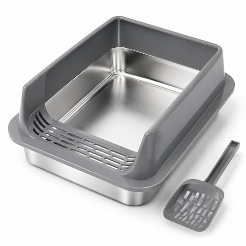 ULTECHNOVO Stainless Steel Cat Litter Tray with High Sided Lid & Scoop, Metal Litter Box for Kittens And Small Cats, Anti-tracking Enclosed Pet Toilet Pan (Grey, M)