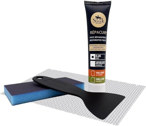 Sofolk - Kit Réparation Tous Types de Cuir - Pâte Réparatrice RépaCuir 25 GR + 1 Pièce d'intissé 10 x 20 cm + 1 Feuille de Papier Abrasif - pour Cuir Usé, Griffures, Coupures, Craquelures