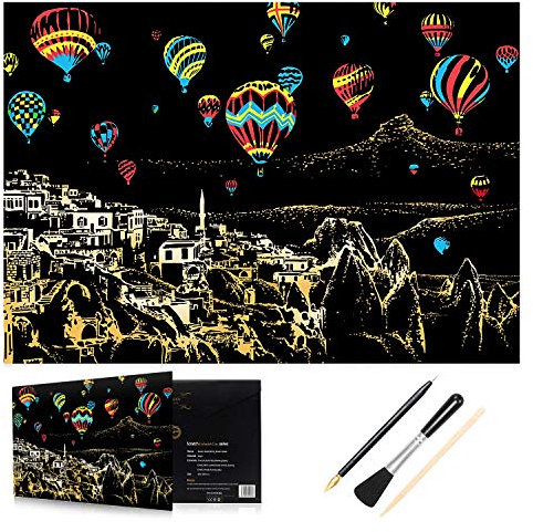 H HOMEWINS Kratzbilder 405 x 285 MM Weltberühmte Sehenswürdigkeiten Wandbild DIY Kunst Zeichnung City Night View Schwarz Beschichtet Bunte Kratzpapier mit Werkzeug Set (Heißluftballon)