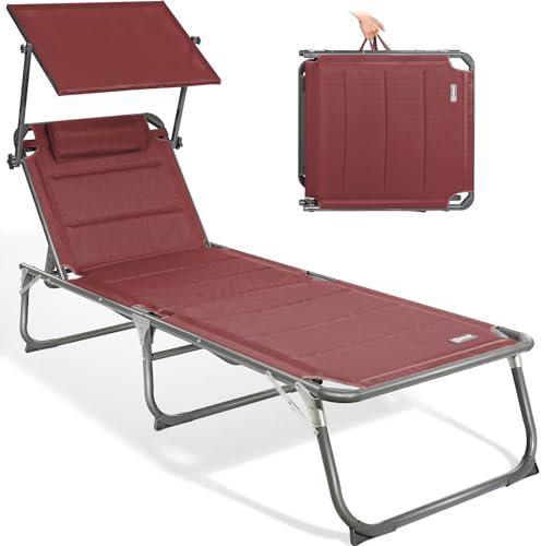 Homecall XXL Aluminium Sun Lounger with Sun Roof Three-Legged Beach bed 200x70 cm Maximum Load 150 kg, Red textilene, Quick Dry Foam
