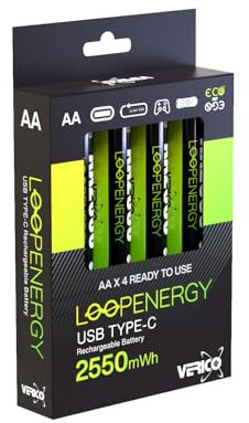 VERICO LoopEnergy AA 2550 Wiederaufladbare USB-C Batterie AA 1,5V 2550mWh (1700mAh) Li-Ion Akku, Schnellladung via USB-C Anschluss in ca. 2 Stunden, 4X AA, Farbe: Grün