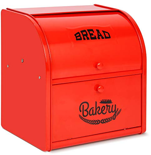 Hossejoy Metal Double Compartment Bread Box Roll Top Bread Box Kitchen Food Storage Bin, Counter-top Bread Keeper Double Layer Bread Storage (Red) - No installation required