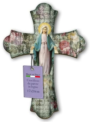 Fratelli Bonella Crucifix mural en bois vintage représentant Notre-Dame-de-la-Médaille-Miraculeuse, 17 x 24 cm, fabriqué en Italie