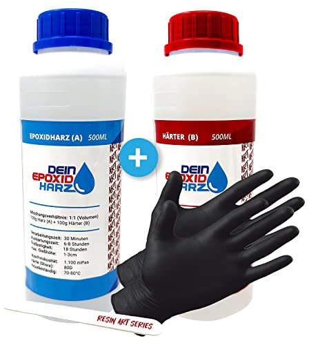 Epoxidharz mit Härter - RESIN ART | 1:1 Formel | 1000ml | Kristallklar, UV-Schutz, Mittelviskos | im Set mit Handschuhe + Rührstab
