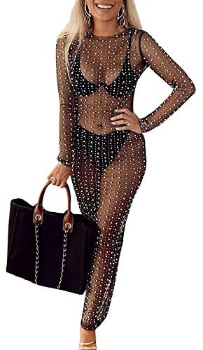 YILEEGOO Sexy Women's Sheer Mesh Pearl Rhinestone Cover Up Dress Beach Swimwear Bikini Bathing Suit Cover Ups (Black, S)