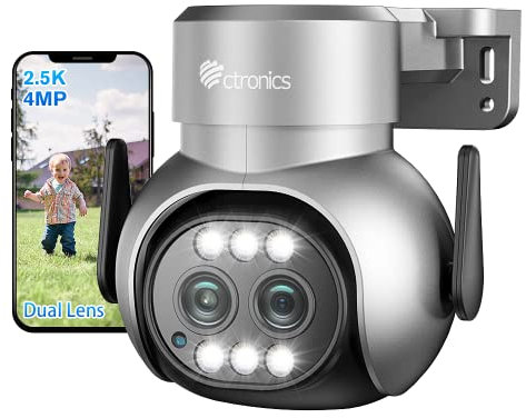 Ctronics 2.5K 4MP Telecamera Wi-Fi Esterno con Doppio Obiettivo, Zoom Ibrido 6X PTZ Videocamera Sorveglianza Esterno 2.4/ 5GHz, Auto Tracking, Rilevamento Umano, Visione Notturna a Colori (Argento)