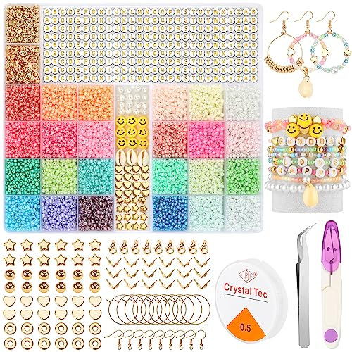 NORSHY Perlen zum Auffädeln, 12200 Stück Rocailles Armbänder Perlen Set 3mm Ketten Selber Machen Glasperle Set, Bunte DIY Armband Halsketten Schmuck Beads, Buchstaben Mini Perlen zum Machen Kit