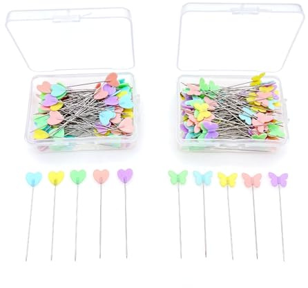 JZK 200x Spilli affilati per sartoria con grande testa colorata, lunghi e dritti per cucito e artigianato, spilli a testa piatta per cucire tessuti, spilli per trapuntare, testa di farfalla e cuore