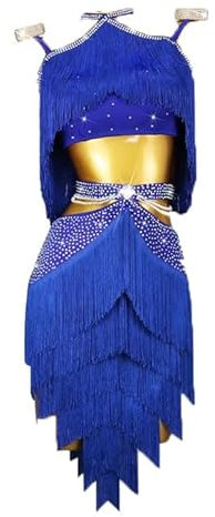 JRUIA Robe De Concours De Danse Latine Professionnelle pour Femmes Jupe Salsa Tango À Franges Costumes De Spectacle Cha Cha Vêtements De Salle De Bal sans Manches Creux Sexy pour Samba,Bleu,S