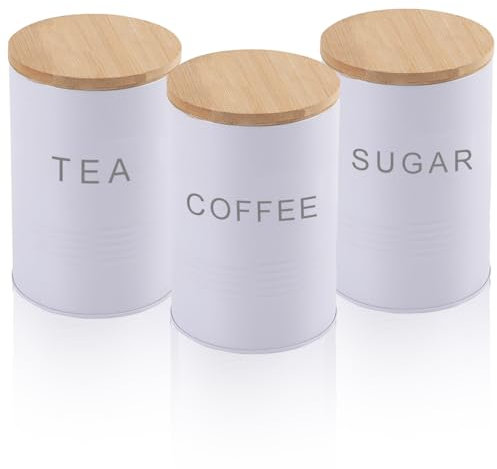 LOSYHU White Tea Coffee Sugar Canisters Set of 3, 1000ML Kitchen Container Tins with Airtight Bamboo Lid, Metal Tea Coffee Sugar Storage Jars Kitchen Food Storage Tins