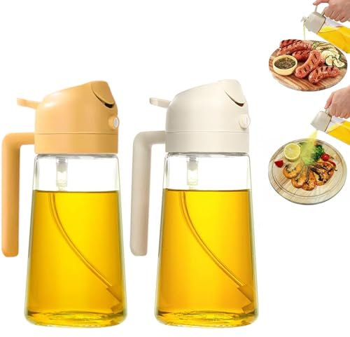 Pulverisateur d'huile et Distributeur 2 en 1, 2pc 500 ml Spray Huile d'olive Vaporisateur Huile, bec Verseur et Pulvérisateur, Distributeur de Vinaigre Verre pour Cuisine (blanc crème + orange)