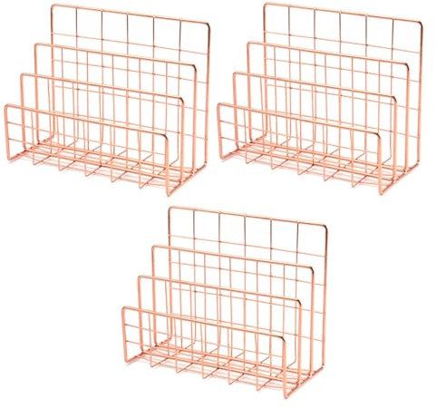 Rfeeuubft 3X Bookshelf Office Desktop Rose Gold Metal Book Block Three Layer Desktop Magazine Shelf Book Holder