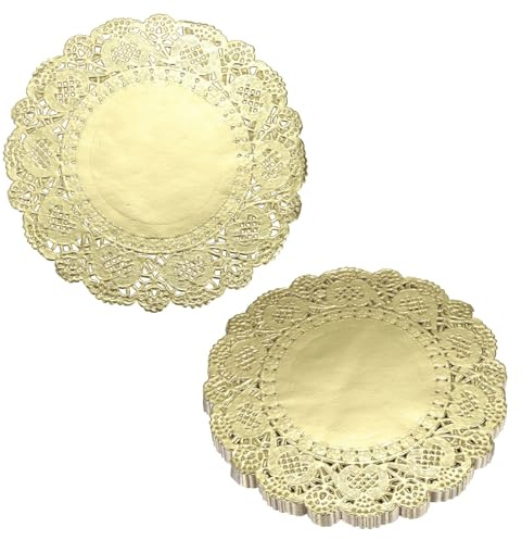 QUARKZMAN 50 Stück Tortenspitzen 11,4cm Rund, Dekoratives Einweg-Tischset aus Spitzenpapier für Kuchen Desserts Lebensmitteldekoration Hochzeit Geburtstag, Gold
