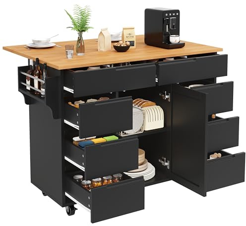 KecDuey Kücheninsel, Moderne Küchenschrank, Ausziehbarer Küchenwagen mit Rollen und Arbeitsplatte, Servierwagen mit Gewürzregal und 8 Schubladen (Schwarz)