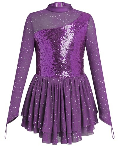 FYMNSI Roller Figure Ice Skating Dress for Girls Lyrical Dance Outfits Sparkly Rhinestone Long Sleeve Mesh Tulle Skirted Leotard Gymnastics Ballet Dancewear Stage Performance Costume Purple 3-4 Years