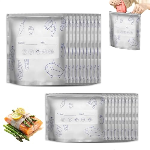 20 Pezzi Sacchetti Ermetici per Alimenti, Sacchetti Freezer con Zip Foglia di Alluminio, Sacchetti Alimenti Richiudibili, Ziplock Bags, Borsa per Panini congelatore, Salva Freschezza - Media/Grande