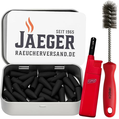 Jaeger Räuchereiprodukte | Kaltrauch-Anzünder Set 30 Stück + Mini-Lötbrenner + Reinigungsbürste | Naturprodukt ohne Zusatzstoffe | für Sparbrand & Räuchermehl | inkl. Metallbox | Made in Germany