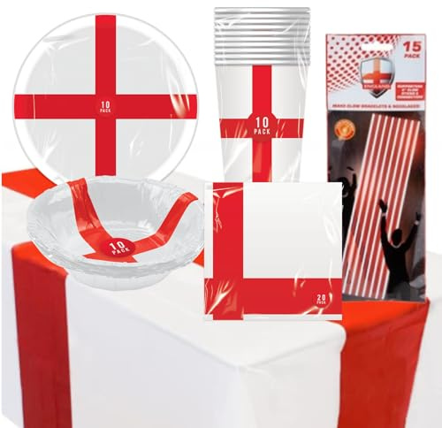 England Tableware Set - England Party Decorations 67 Pcs - Disposable Paper Plates, Cups, Napkins, Tablecloth, Bowl - St Georges Day Decorations, Football World Cup