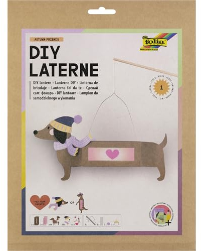 folia 94303 - DIY Laterne AUTUMN FRIENDS, ca. 8 x 45,5 x 8 cm - Laternen Bastelset gestaltbar als Dackel oder Erdmännchen, inkl. LED Licht, 2 Batterien und Klebepad