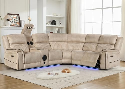 Geneva Pro Fabric Electric Recliner Corner Sofa With Cup Holders - Fabric Corner Sofa With Cooling Cup-Holders/LED Lights/Bluetooth Speakers/Wireless Charging Pad/USB Charging Ports (Beige)