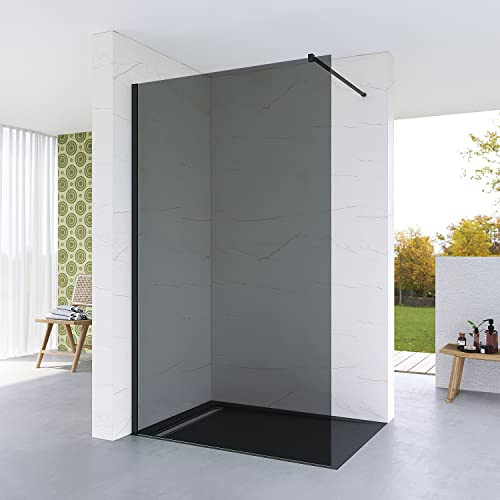 AQUABATOS Duschabtrennung Duschwand Glas Walk in Dusche graues Glas 120 x 200 cm Echtglas Grauglas 8 mm mit Wandprofil schwarz matt Duschtrennwand Glaswand Nano Beschichtung 90° Stabilisator