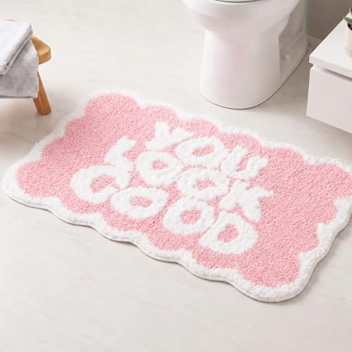 Inshere Tapis de Bain Rose, Tapis de Salle de Bain Festonné avec Motif You Look Good, Tapis Microfibre Doux Absorbant à Séchage Rapide, Dos TPR Antidérapant, Douche Baignoire Lavabo, 50,8 x 80 cm