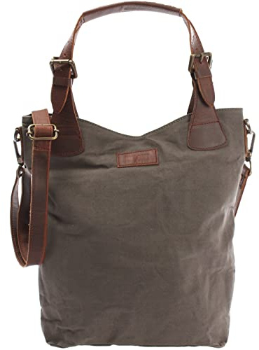 LECONI Henkeltasche Echtleder Vintage-Look Damentasche Handtasche für Damen aus Canvas + Leder Shopper mit Trageriemen Beuteltasche für die Arbeit, Büro oder Alltag 34x35x10cm LE0054-C