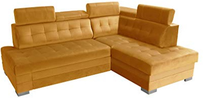 Robin Inspire Paris Ecksofa Schlafsofa Senfgelb Rechts | 240 cm, 4-Sitzer L-Form Sofa, Schlaffunktion, Bettkasten, 5 Kopfstützen, freistehende Eckcouch, Wohnzimmer
