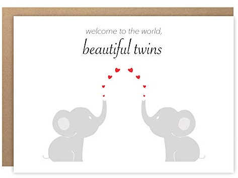 BYANIKA Carte pour nouveau-né jumeaux | Nouvelle maman, mère, papa, naissance d'un nouveau-né garçon, fille, fils fille | Bienvenue au monde Hello Little Ones | Baby Shower | Motif éléphant et cœur |