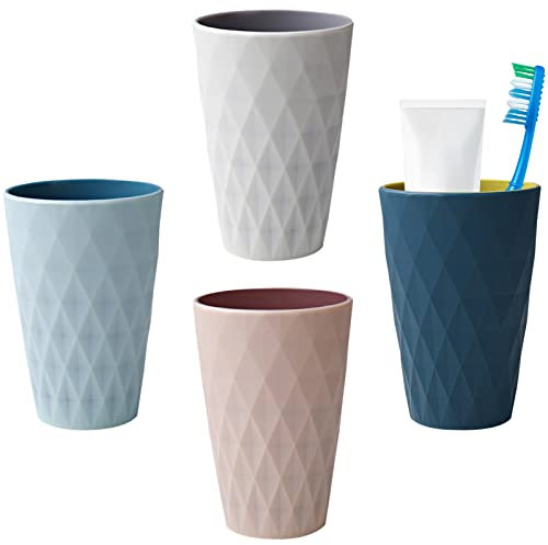 Yemiany Zahnputzbecher, 4 Stück Robuste Sturzsichere Zahnputzbecher Kunststoff, Schlichter Nordischer Stil, Großes Fassungsvermögen, Hochwertiger, Geruchsfreier, Rautenoberfläche Rutschfest Zahnbecher
