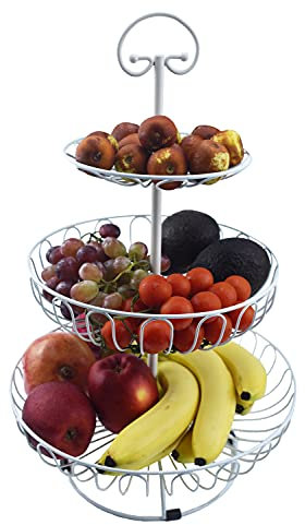 Azatemgo Cesto frutta Metallo, Fruttiera 3 Ripiani,Portafrutta a Piani / Ciotola Supporto per Frutta / Fruttiere,durevole e di grande capacità - 30*45CM - Bianco