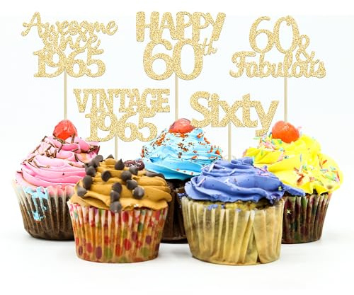 Gyufise 30 Pack Gold Glitter 60th Birthday Cupcake Toppers - 30 Pcs Gold 60 Cupcake Toppers - 60th Birthday, Anniversary Cake Supplies