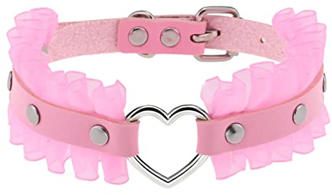 Flongo Damen Choker Spitze Halsband Leder Lace schwarz Pink Gothic Tattoo breit Kette Halskette Schmuck Herz O-Ring Lederhalsband Einstellbar für Mädchen Frauen Kinder Halloween Kostüm